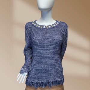 Ruby Rd. Women's Neck Embellished Silver Threaded Blue Sweater Size X-Large